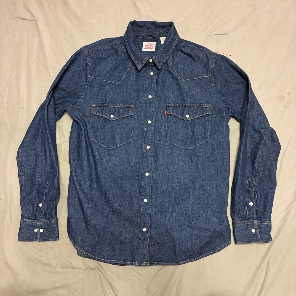 Levis Mens Denim Western Shirt Large Dark Wash Pearl Snap Long Sleeve Blue